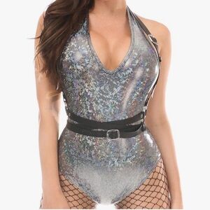 Silver iridescent metallic bodysuit romper swimsuit festival rave holographic